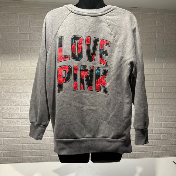 PINK Victoria's Secret Gray Dog Logo Love Pink Floral Sweatshirt Womens XS - Picture 3 of 6